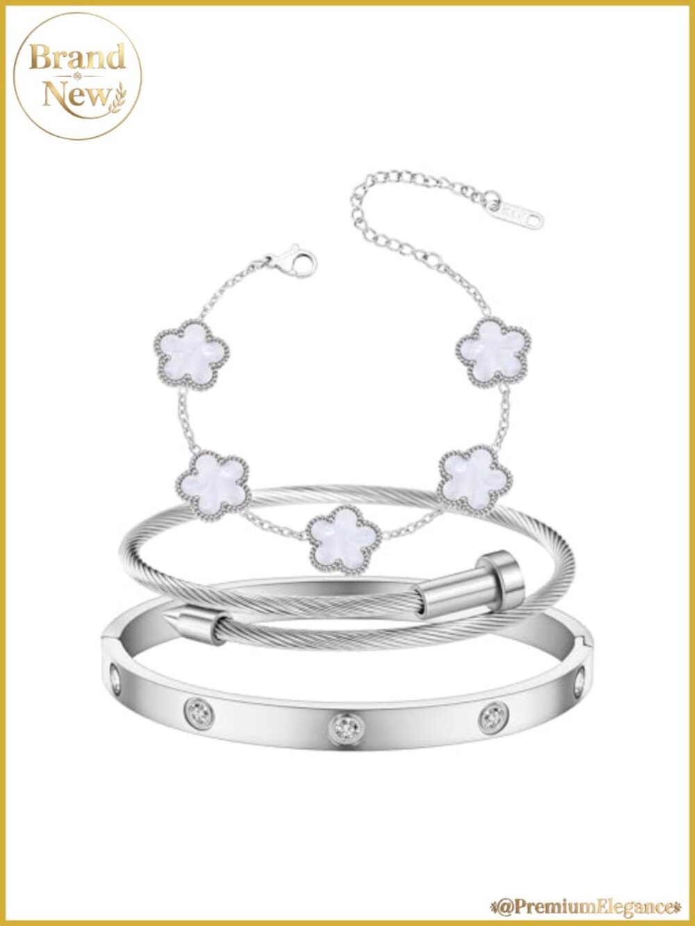18K Gold Plated Cuff Bracelet Set, Cubic Zirconia, Stainless Steel